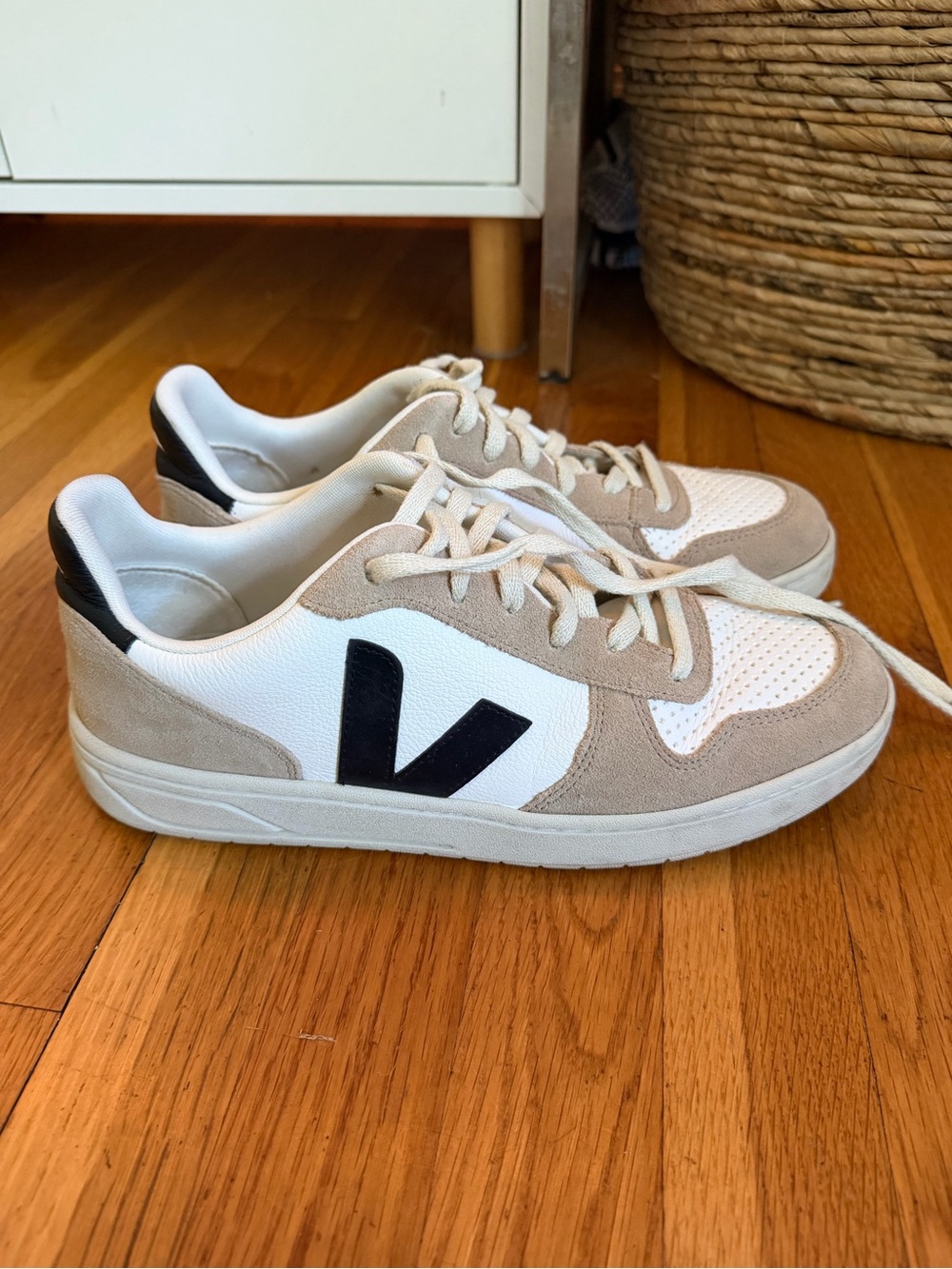 Veja V-10 Sneakers in White, Beige & Black